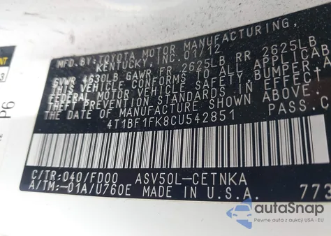 2012 Toyota Camry Le z USA, uszkodzony, nr VIN 4T1BF1FK8CU542851